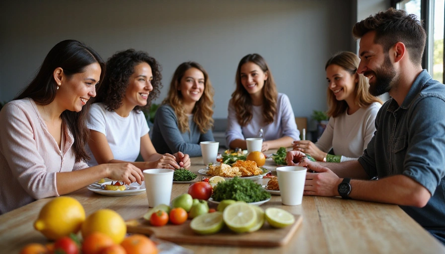 A diverse group of people learning about nutrition in a community setting, vibrant and engaging.