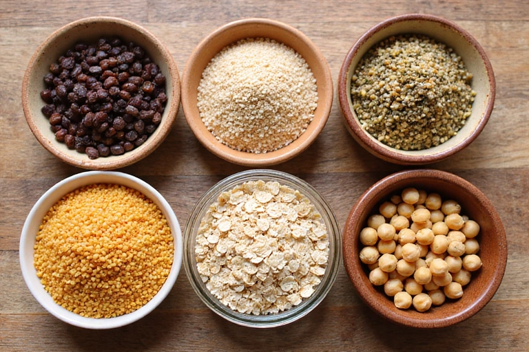 A variety of grains and legumes, representing complex carbohydrates.