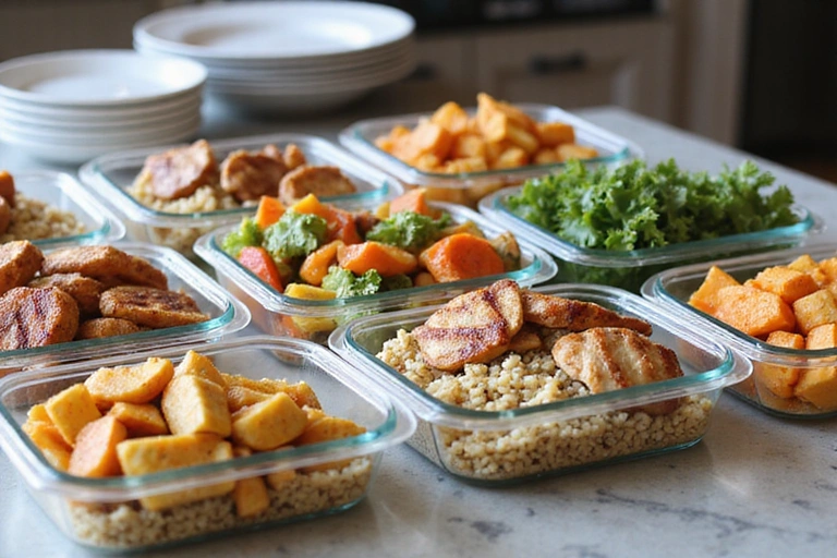 A meal prep scene with containers of healthy food, representing efficient meal planning.