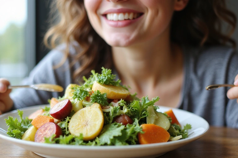 A person enjoying a vibrant, healthy salad, symbolizing nutritious eating.