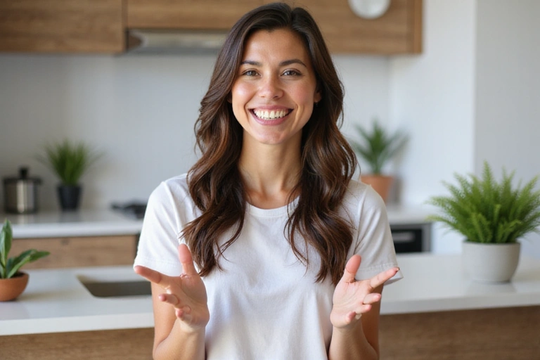 A friendly nutritionist smiling and waving, inviting people to contact them.