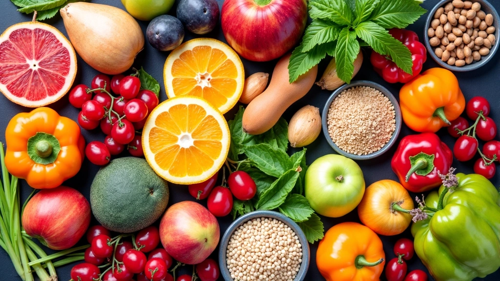 A vibrant collage of various healthy foods, including fresh produce, nuts, seeds, and lean proteins, arranged to convey a sense of abundance and well-being. No text, letters, or inscriptions.