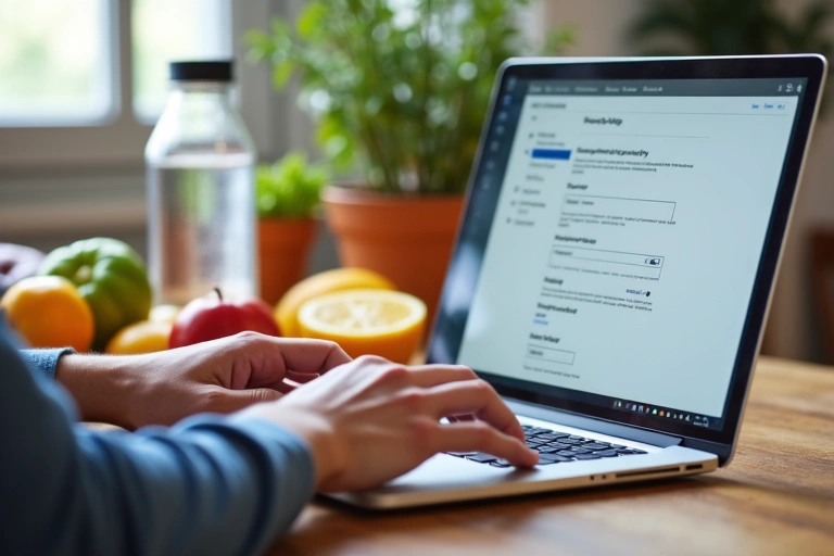 A person reviewing privacy settings on a laptop, with a blurred background of healthy food items.