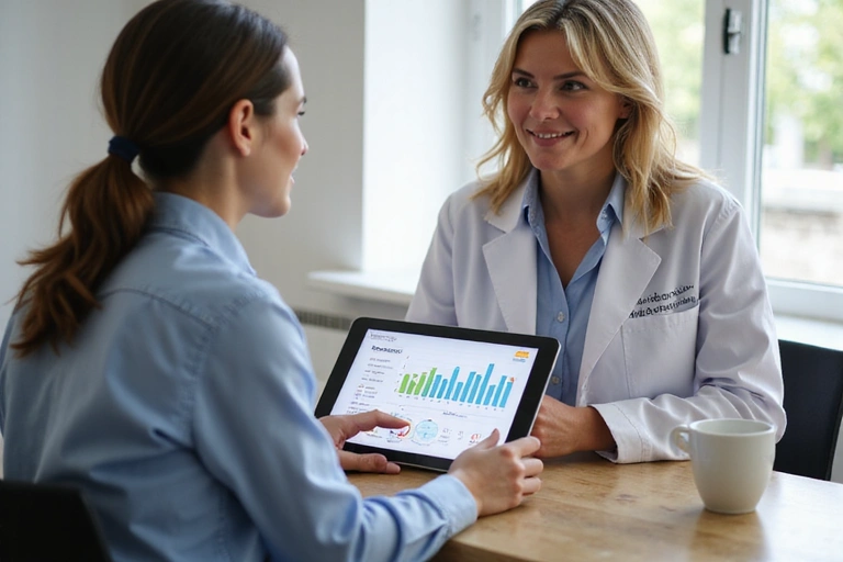 A nutritionist explaining a personalized diet plan to a client, with a tablet displaying data.