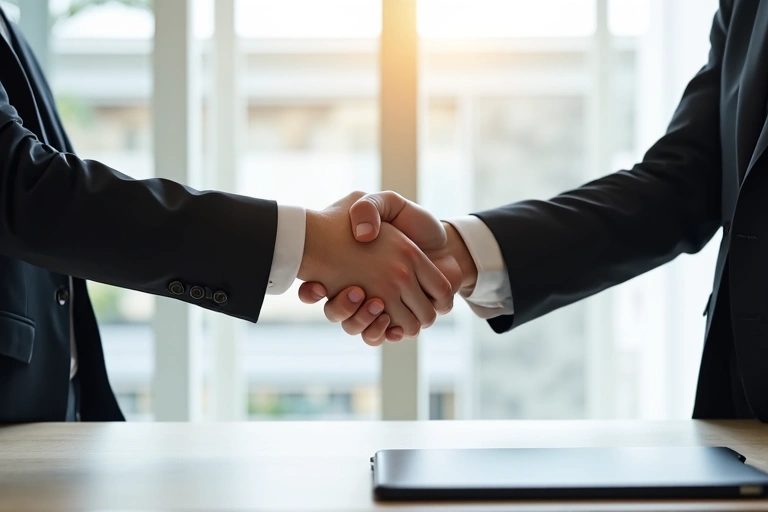 Two hands shaking across a table, symbolizing data sharing and agreements.