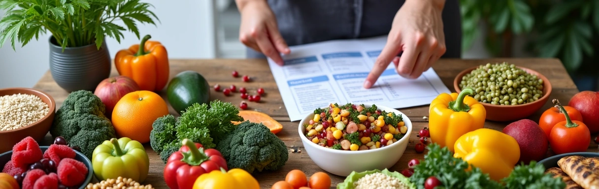 Diverse healthy food items and a person consulting a nutritionist, representing comprehensive nutrition services.