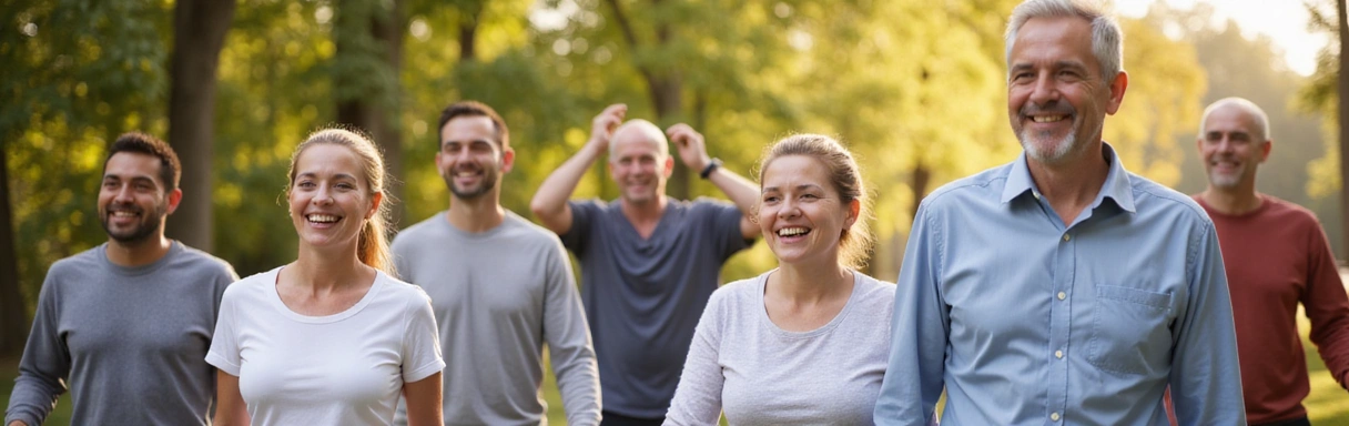 A group of diverse, happy individuals smiling and enjoying a healthy lifestyle, symbolizing successful nutrition journeys.