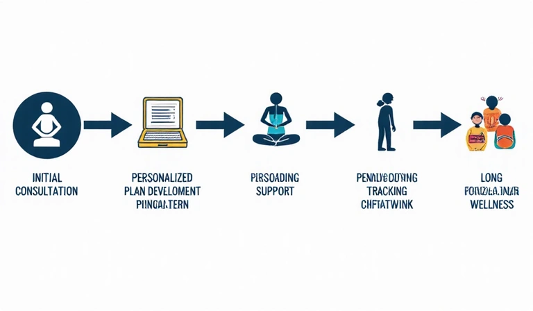 A visual representation of a step-by-step process with icons for consultation, planning, support, and results.