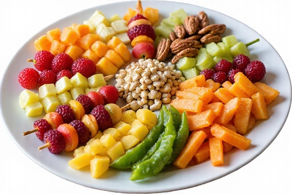 A variety of colorful, healthy snacks like fruit skewers, nuts, and vegetable sticks arranged appealingly on a platter, representing smart snacking options. No text, letters, or inscriptions.
