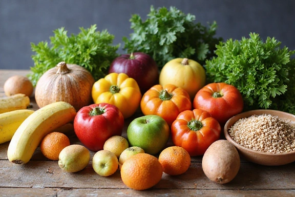A colorful array of fruits, vegetables, and whole grains artistically arranged on a wooden table, symbolizing healthy eating and nutrition. No text, letters, or inscriptions.