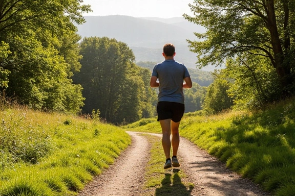 A person jogging on a scenic trail with lush greenery, demonstrating active lifestyle and energy, signifying the role of nutrition in boosting physical performance. No text, letters, or inscriptions.